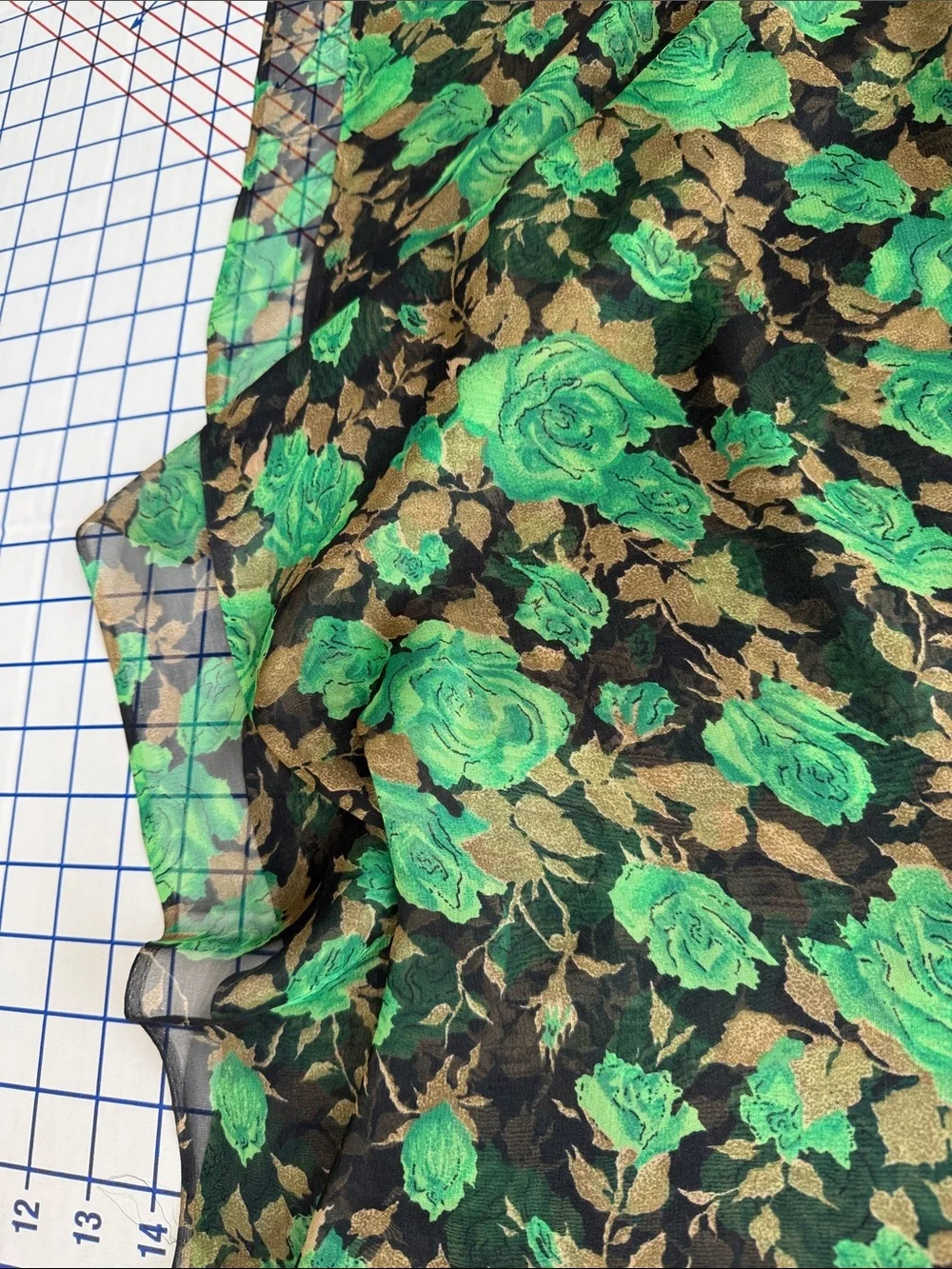 Vintage 70s Sheer Floral Fabric 4 Yards Green Roses Black Gold Flowy 42”
